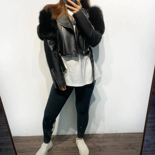 GO BALLISTIC YA Ladies' Genuine Leather Jacket with Fur Sleeve Women's Natural Lambskin Outfit SS69