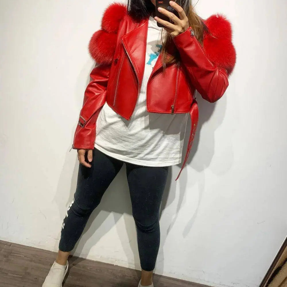 GO BALLISTIC YA Ladies' Genuine Leather Jacket with Fur Sleeve Women's Natural Lambskin Outfit SS69