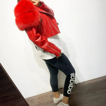 GO BALLISTIC YA Ladies' Genuine Leather Jacket with Fur Sleeve Women's Natural Lambskin Outfit SS69