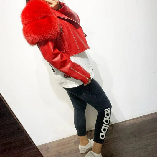 GO BALLISTIC YA Ladies' Genuine Leather Jacket with Fur Sleeve Women's Natural Lambskin Outfit SS69