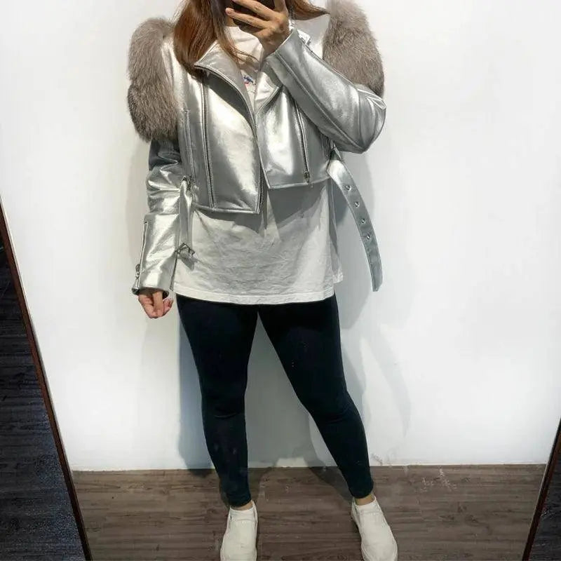 GO BALLISTIC YA Ladies' Genuine Leather Jacket with Fur Sleeve Women's Natural Lambskin Outfit SS69