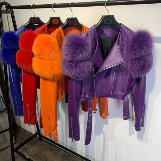 GO BALLISTIC YA Ladies' Genuine Leather Jacket with Fur Sleeve Women's Natural Lambskin Outfit SS69