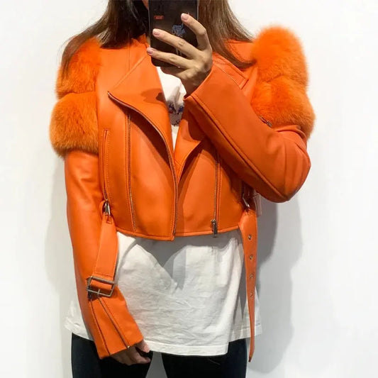 GO BALLISTIC YA Women Leather Jacket With Fur Sleeve Fashion Ladies Crop Jacket SS69