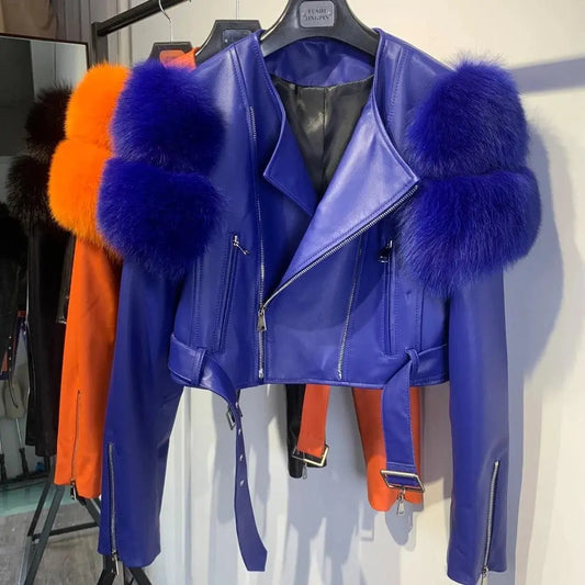 GO BALLISTIC YA Women Leather Jacket With Fur Sleeve Fashion Ladies Crop Jacket - SS69