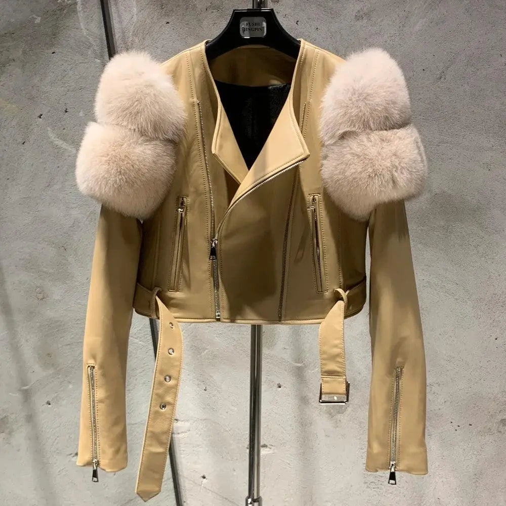 GO BALLISTIC YA Women Leather Jacket With Fur Sleeve Fashion Ladies Crop Jacket - SS69
