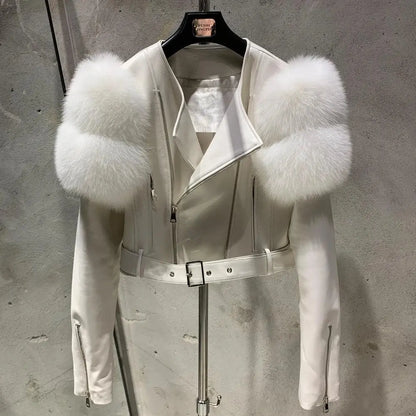 GO BALLISTIC YA Women Leather Jacket With Fur Sleeve Fashion Ladies Crop Jacket - SS69