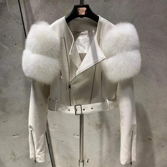 GO BALLISTIC YA Women Leather Jacket With Fur Sleeve Fashion Ladies Crop Jacket - SS69