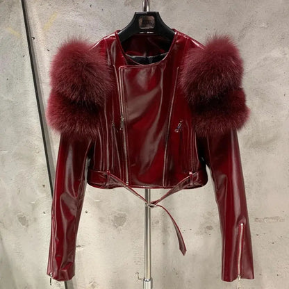 GO BALLISTIC YA Women Leather Jacket With Fur Sleeve Fashion Ladies Crop Jacket - SS69