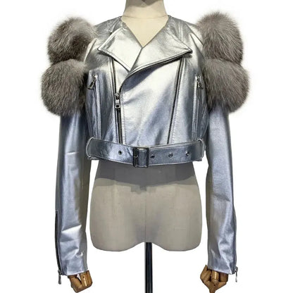 GO BALLISTIC YA Women Leather Jacket With Fur Sleeve Fashion Ladies Crop Jacket SS69