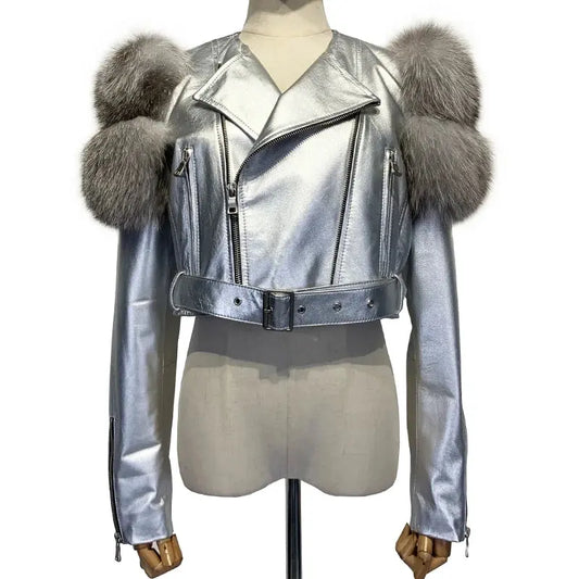 GO BALLISTIC YA Women Leather Jacket With Fur Sleeve Fashion Ladies Crop Jacket SS69
