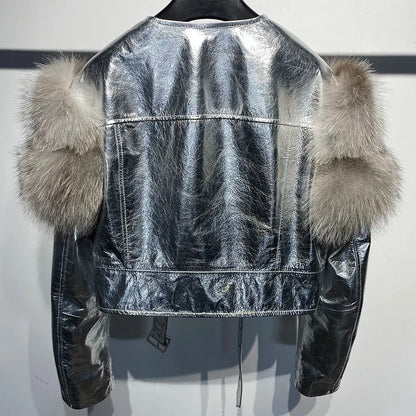 GO BALLISTIC YA Women Leather Jacket With Fur Sleeve Fashion Ladies Crop Jacket SS69