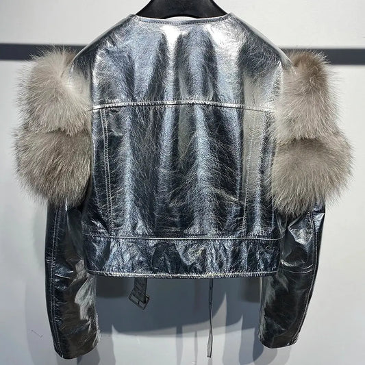 GO BALLISTIC YA Women Leather Jacket With Fur Sleeve Fashion Ladies Crop Jacket SS69