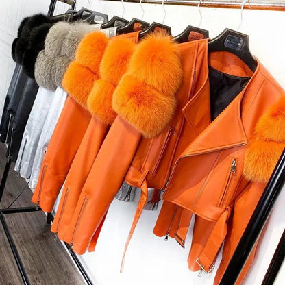 GO BALLISTIC YA Women Leather Jacket With Fur Sleeve Fashion Ladies Crop Jacket SS69