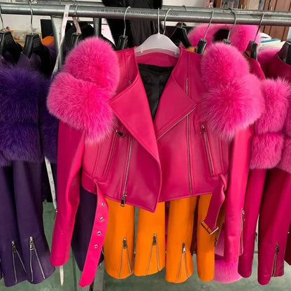 GO BALLISTIC YA Women Leather Jacket With Fur Sleeve Fashion Ladies Crop Jacket SS69