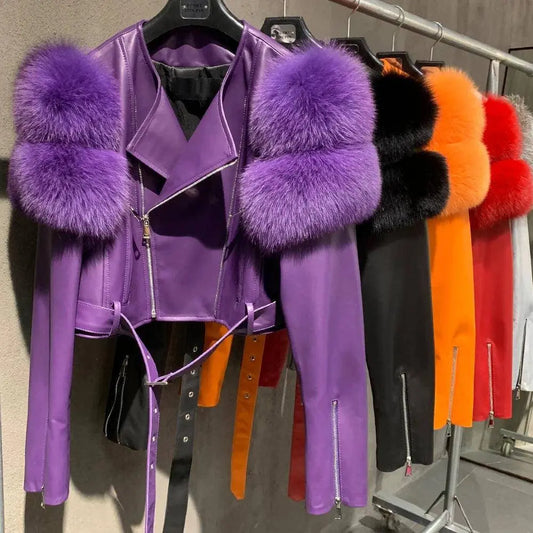 GO BALLISTIC YA Women Leather Jacket With Fur Sleeve Fashion Ladies Crop Jacket SS69