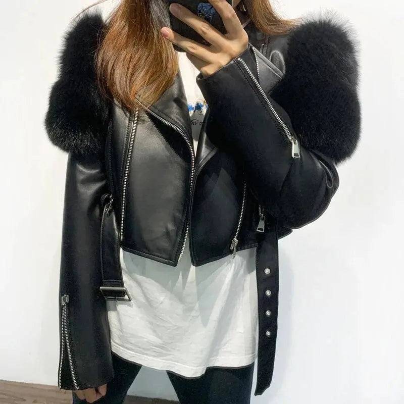 GO BALLISTIC YA Women Leather Jacket With Fur Sleeve Fashion Ladies Crop Jacket SS69