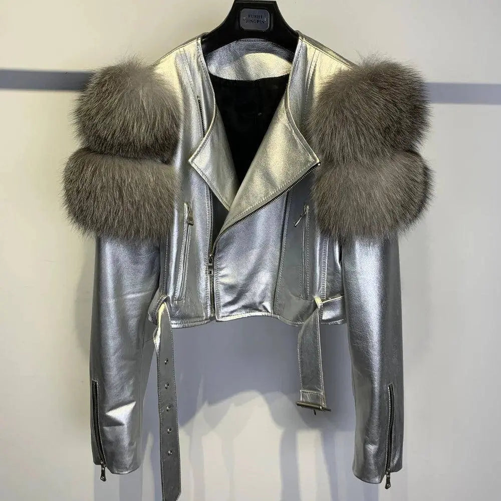 GO BALLISTIC YA Women Leather Jacket With Fur Sleeve Fashion Ladies Crop Jacket SS69