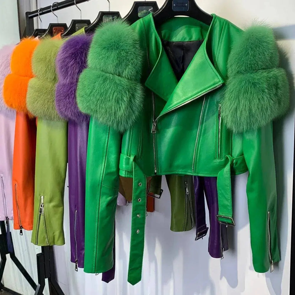 GO BALLISTIC YA Women Leather Jacket With Fur Sleeve Fashion Ladies Crop Jacket SS69