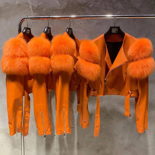 GO BALLISTIC YA Women Leather Jacket With Fur Sleeve Fashion Ladies Crop Jacket SS69