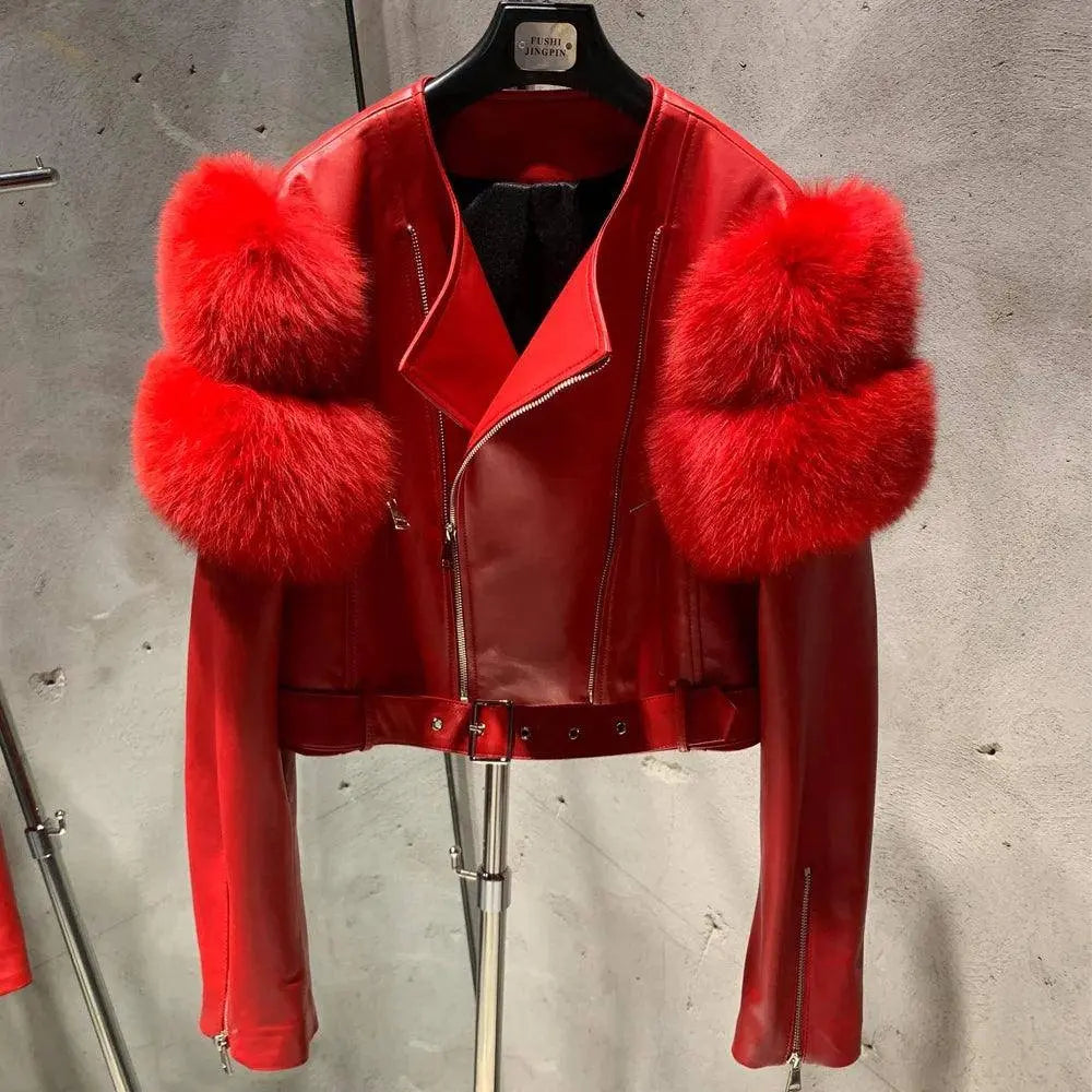 GO BALLISTIC YA Women Leather Jacket With Fur Sleeve Fashion Ladies Crop Jacket SS69