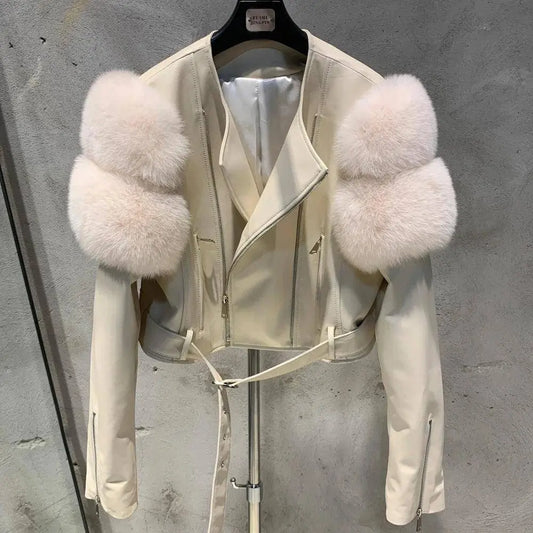 GO BALLISTIC YA Women Leather Jacket With Fur Sleeve Fashion Ladies Crop Jacket SS69