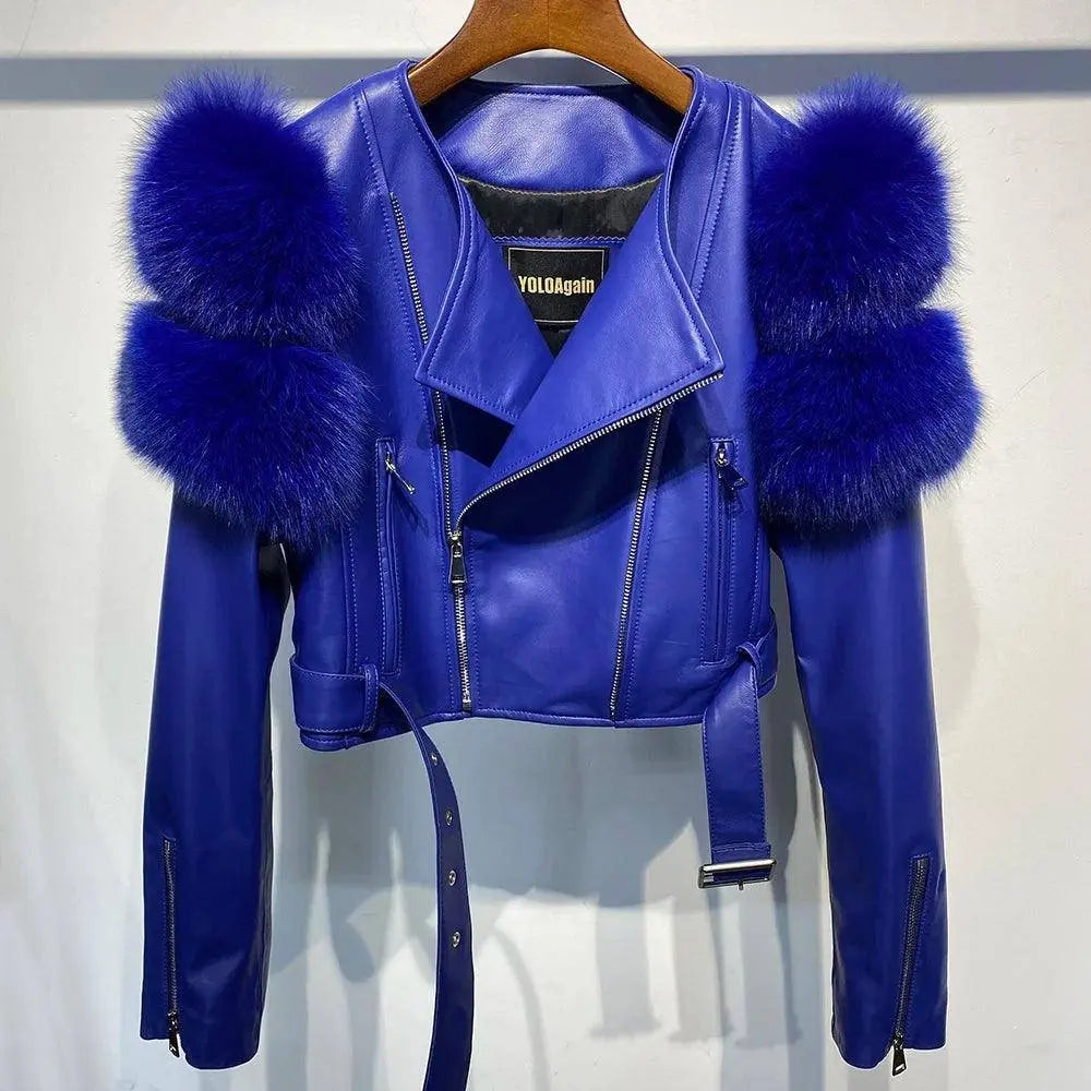 GO BALLISTIC YA Women Leather Jacket With Fur Sleeve Fashion Ladies Crop Jacket SS69