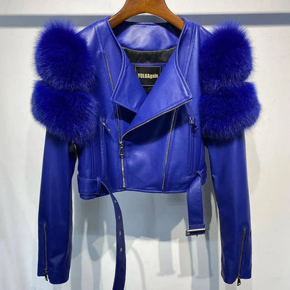 GO BALLISTIC YA Women Leather Jacket With Fur Sleeve Fashion Ladies Crop Jacket SS69