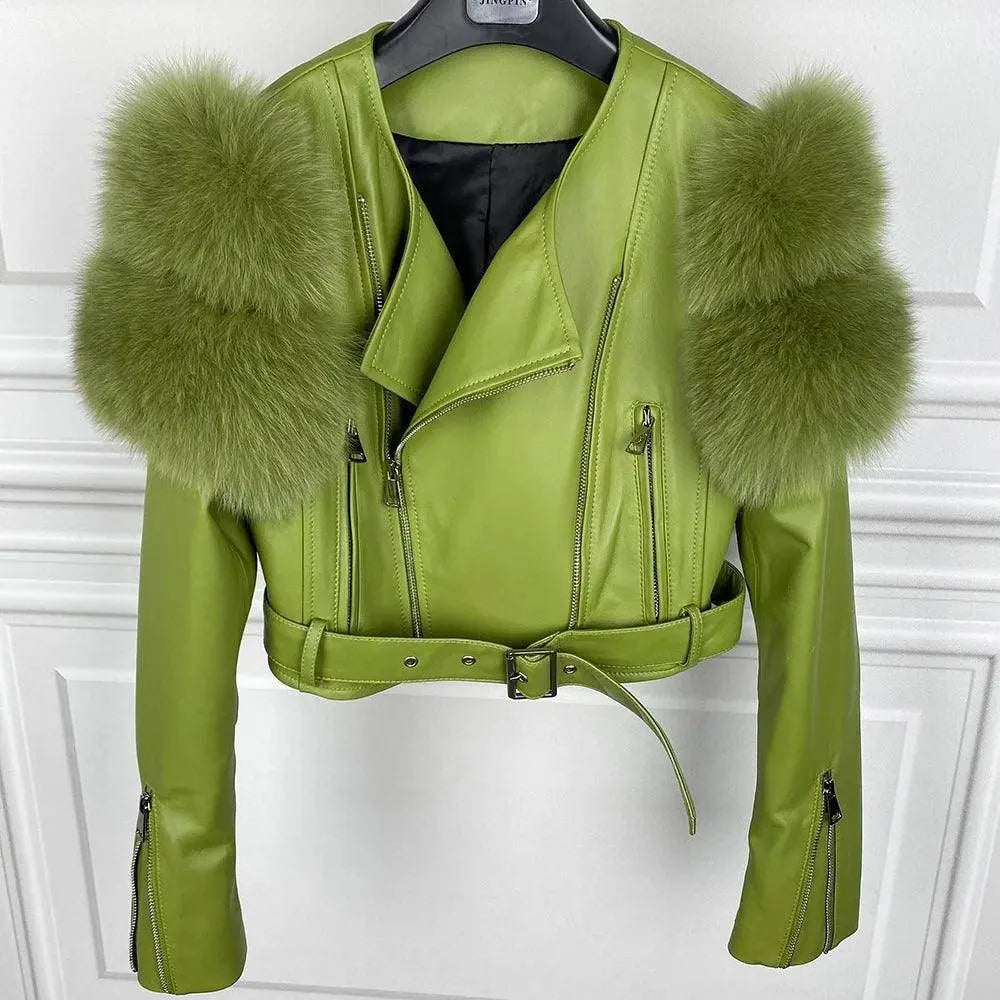 GO BALLISTIC YA Women Leather Jacket With Fur Sleeve Fashion Ladies Crop Jacket SS69