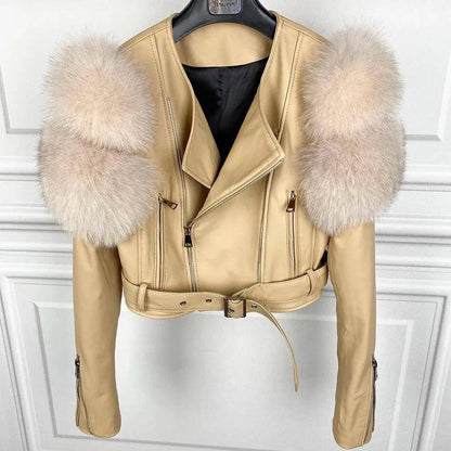 GO BALLISTIC YA Women Leather Jacket With Fur Sleeve Fashion Ladies Crop Jacket SS69