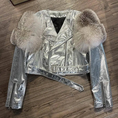 GO BALLISTIC YA Women Leather Jacket With Fur Sleeve Fashion Ladies Crop Jacket SS69