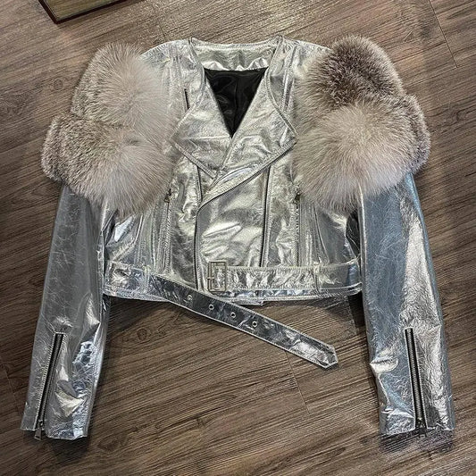 GO BALLISTIC YA Women Leather Jacket With Fur Sleeve Fashion Ladies Crop Jacket SS69