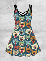 GOTHIC COLORFUL CATS Print Strap Dress, Crisscross V Neck Sleeveless A-line Cami Dress For Spring & Summer, Women's Clothing SS69