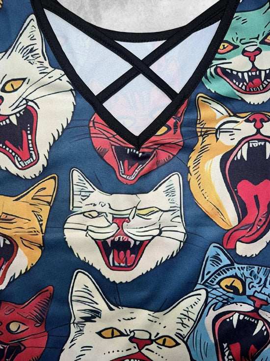 GOTHIC COLORFUL CATS Print Strap Dress, Crisscross V Neck Sleeveless A-line Cami Dress For Spring & Summer, Women's Clothing SS69