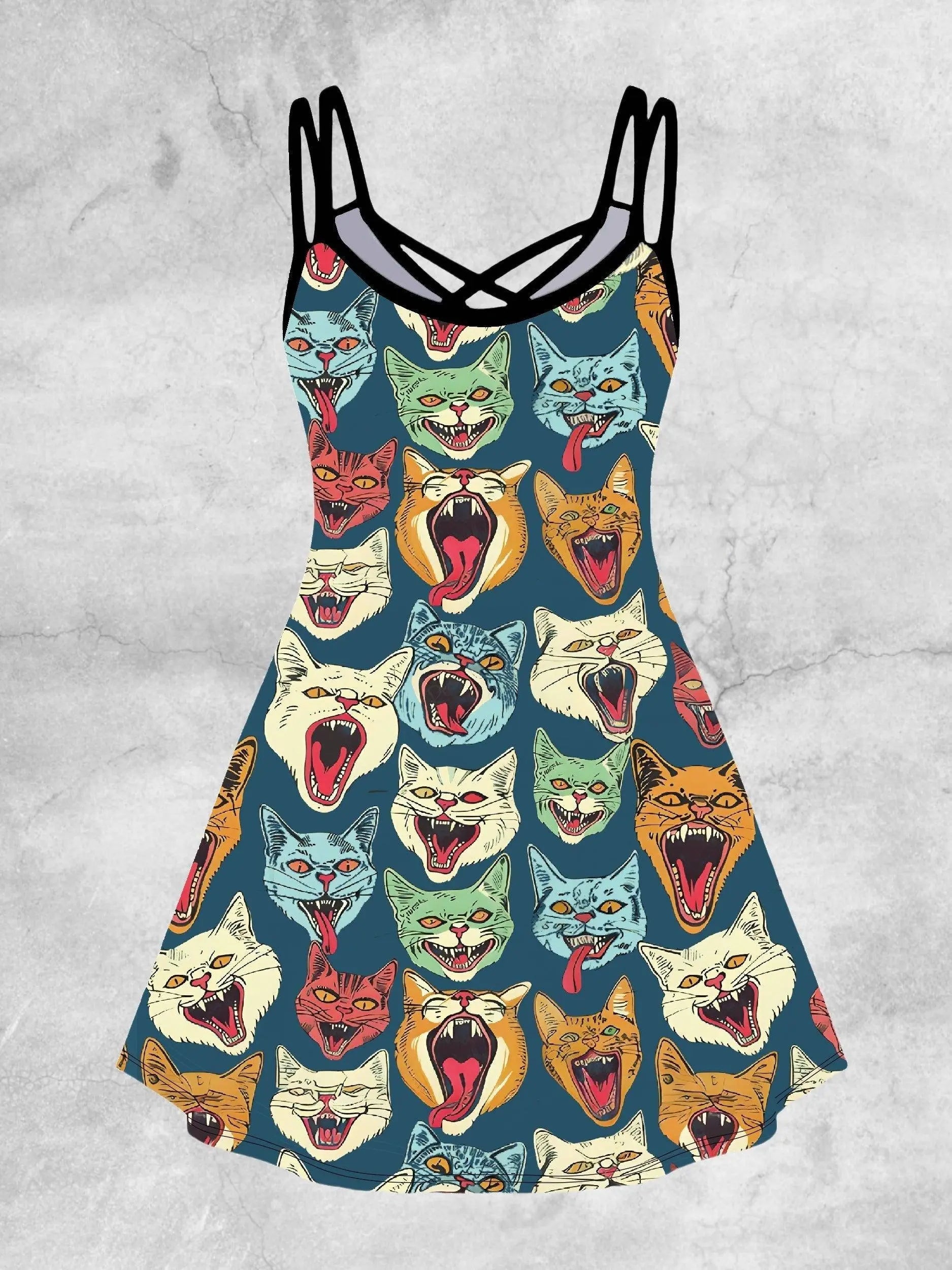 GOTHIC COLORFUL CATS Print Strap Dress, Crisscross V Neck Sleeveless A-line Cami Dress For Spring & Summer, Women's Clothing SS69