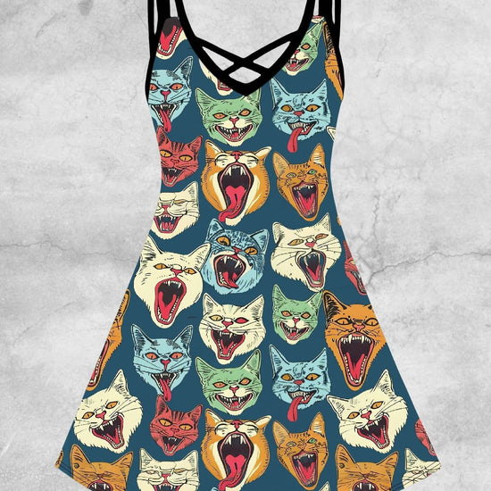 GOTHIC COLORFUL CATS Print Strap Dress, Crisscross V Neck Sleeveless A-line Cami Dress For Spring & Summer, Women's Clothing SS69