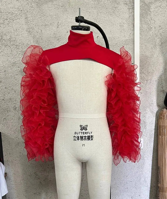 Gauze Mesh Shawl Shoulder Jazz Dance Stage Performance Accessories Bubble Sleeves Vest Women DJ Singer Dancer Nightclub Costume SS69