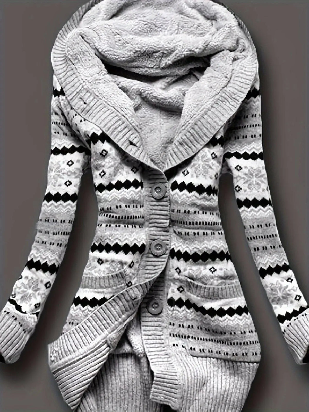 Geo Print Button Front Hoodie, Casual Long Sleeve Dual Pockets Slim Cardigan For Fall & Winter, Women's Clothing - SS69