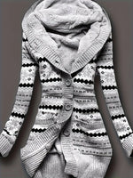 Geo Print Button Front Hoodie, Casual Long Sleeve Dual Pockets Slim Cardigan For Fall & Winter, Women's Clothing - SS69