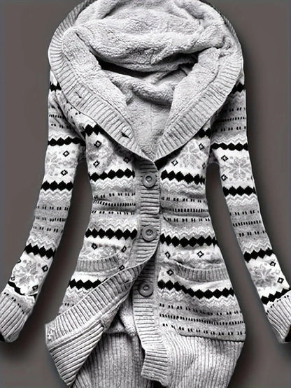 Geo Print Button Front Hoodie, Casual Long Sleeve Dual Pockets Slim Cardigan For Fall & Winter, Women's Clothing - SS69