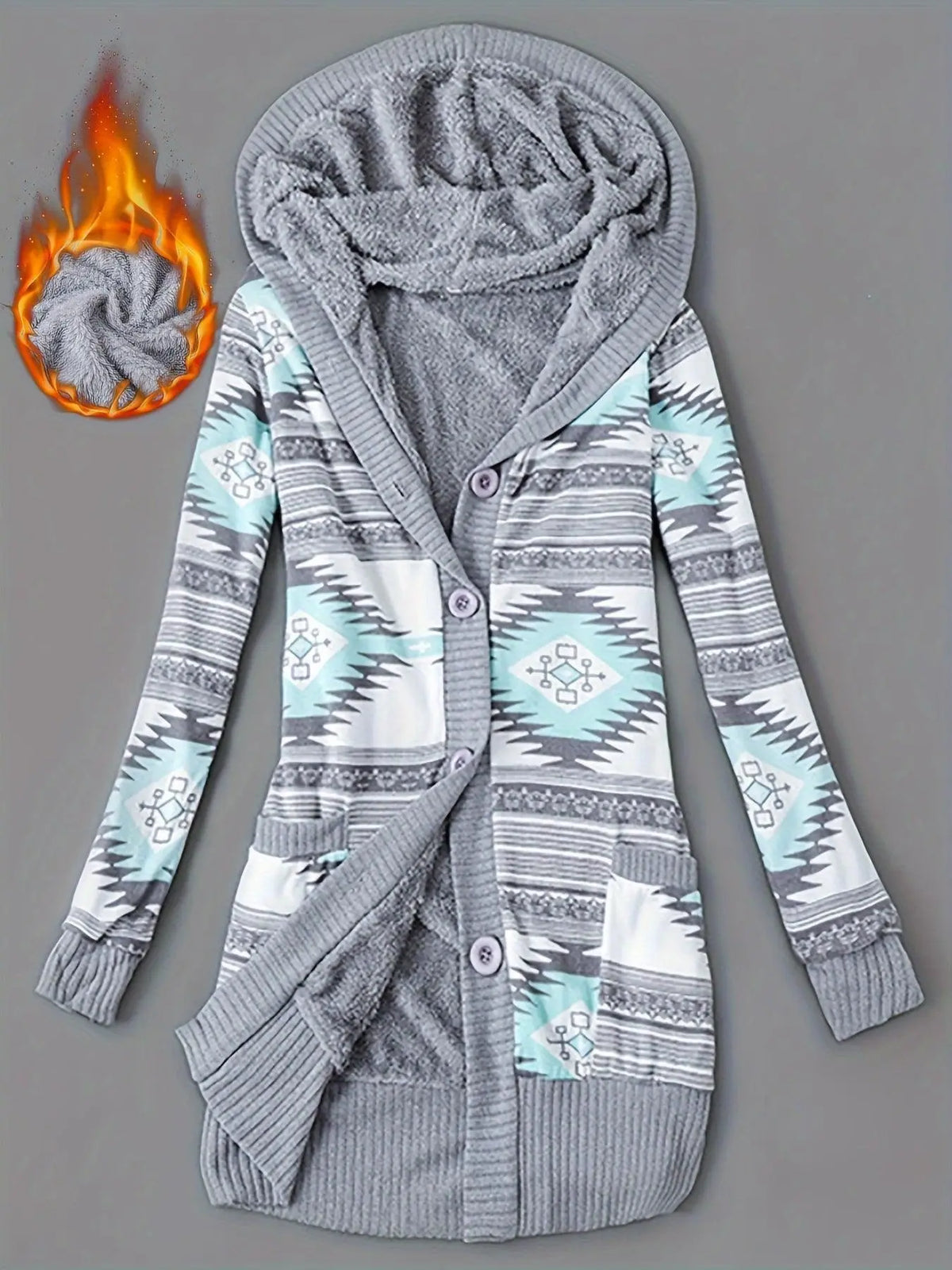 Geo Print Button Front Hoodie, Casual Long Sleeve Dual Pockets Slim Cardigan For Fall & Winter, Women's Clothing - SS69