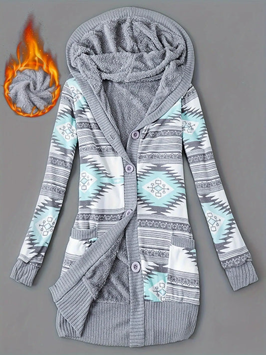 Geo Print Button Front Hoodie, Casual Long Sleeve Dual Pockets Slim Cardigan For Fall & Winter, Women's Clothing - SS69