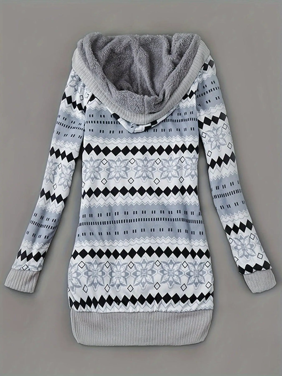 Geo Print Button Front Hoodie, Casual Long Sleeve Dual Pockets Slim Cardigan For Fall & Winter, Women's Clothing - SS69