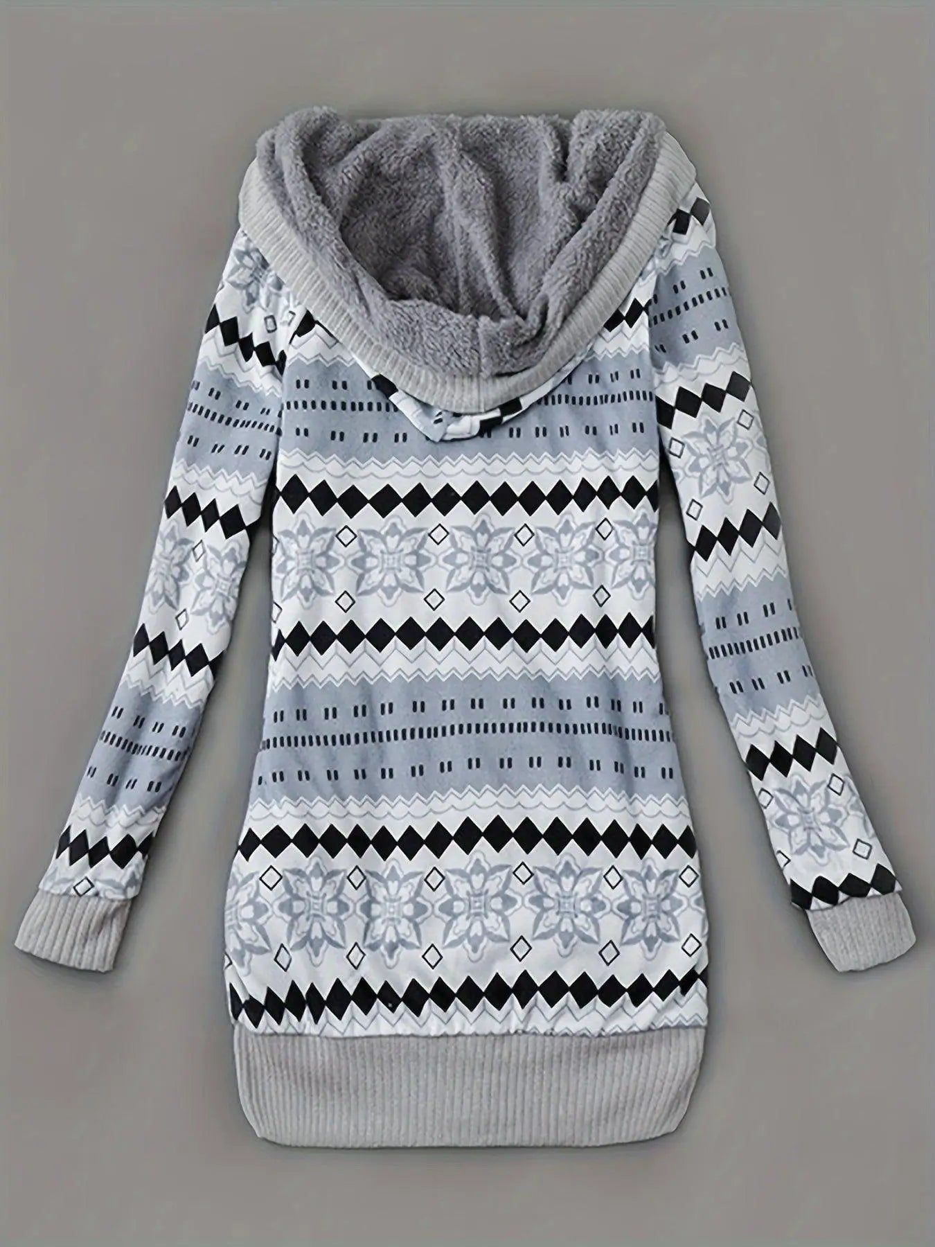 Geo Print Button Front Hoodie, Casual Long Sleeve Dual Pockets Slim Cardigan For Fall & Winter, Women's Clothing - SS69