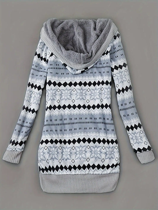 Geo Print Button Front Hoodie, Casual Long Sleeve Dual Pockets Slim Cardigan For Fall & Winter, Women's Clothing - SS69