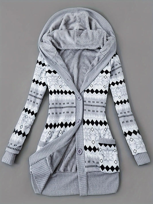Geo Print Button Front Hoodie, Casual Long Sleeve Dual Pockets Slim Cardigan For Fall & Winter, Women's Clothing - SS69