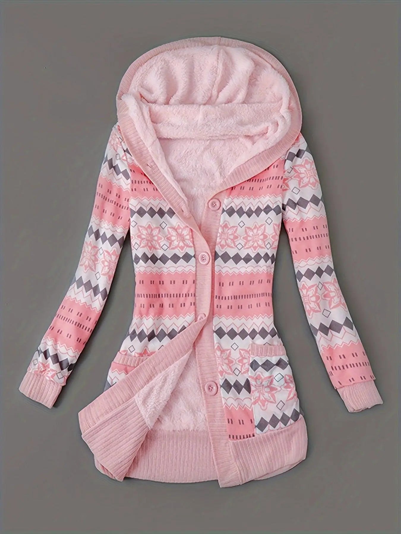 Geo Print Button Front Hoodie, Casual Long Sleeve Dual Pockets Slim Cardigan For Fall & Winter, Women's Clothing - SS69