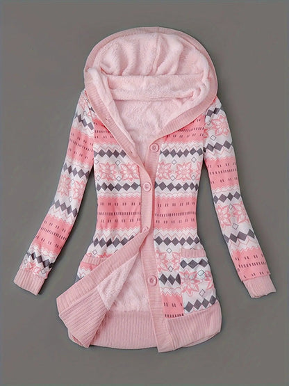 Geo Print Button Front Hoodie, Casual Long Sleeve Dual Pockets Slim Cardigan For Fall & Winter, Women's Clothing - SS69