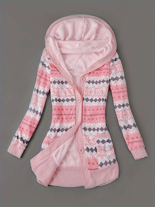 Geo Print Button Front Hoodie, Casual Long Sleeve Dual Pockets Slim Cardigan For Fall & Winter, Women's Clothing - SS69