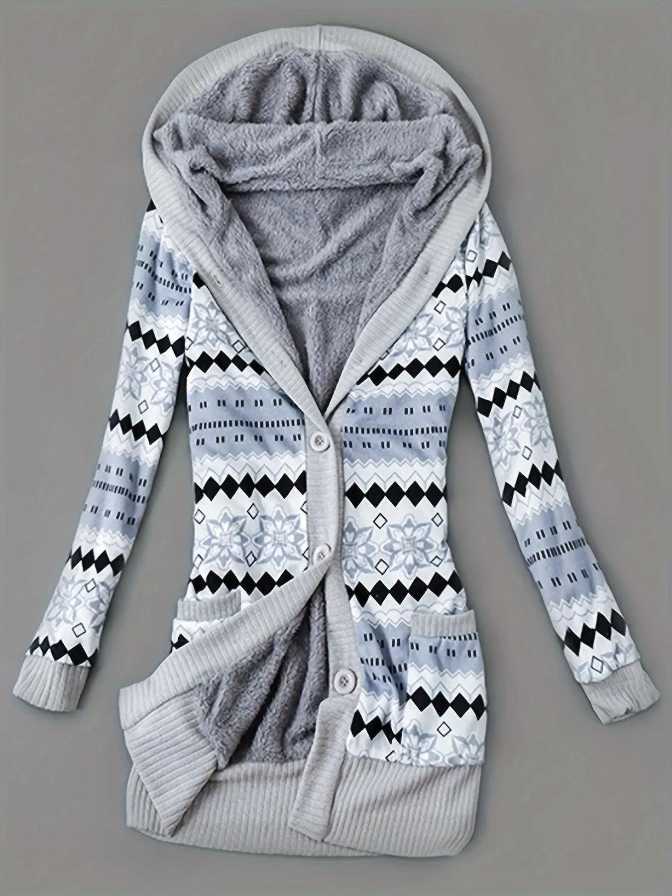 Geo Print Button Front Hoodie, Casual Long Sleeve Dual Pockets Slim Cardigan For Fall & Winter, Women's Clothing - SS69