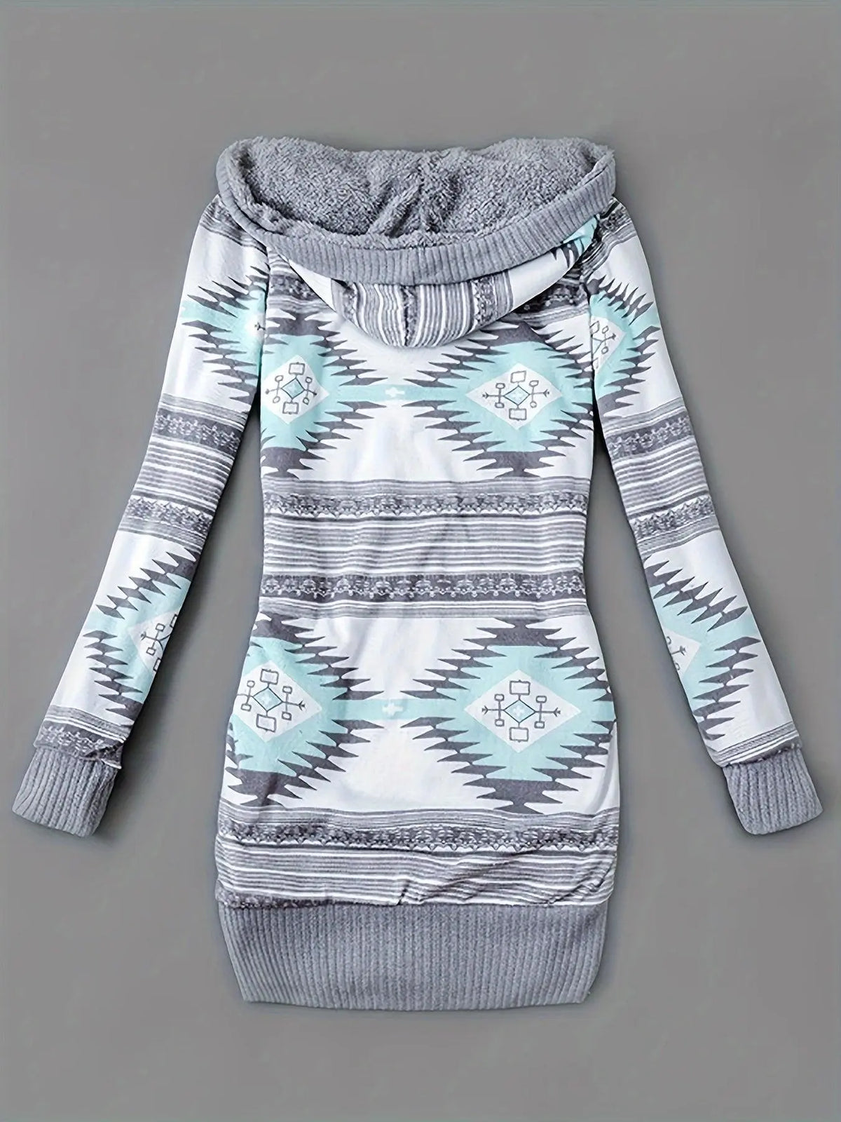 Geo Print Button Front Hoodie, Casual Long Sleeve Dual Pockets Slim Cardigan For Fall & Winter, Women's Clothing - SS69